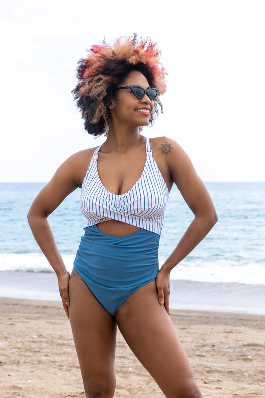 Nursing Swimsuit Breastfeeding – Stripped Blue