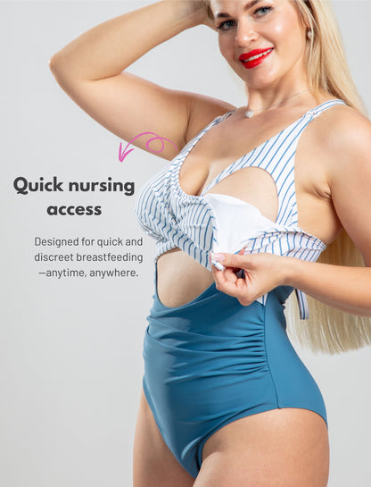 🌊 Evamom - Breastfeeding Swimsuit – Striped Blue Confidence