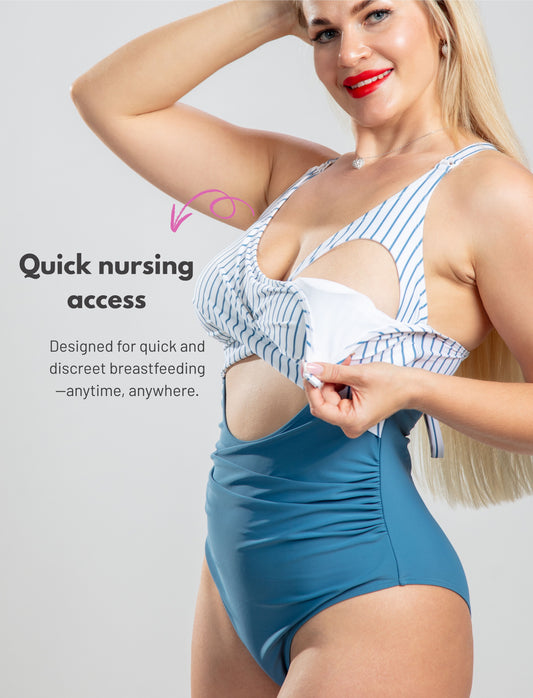 🌊 Evamom - Breastfeeding Swimsuit – Striped Blue Confidence
