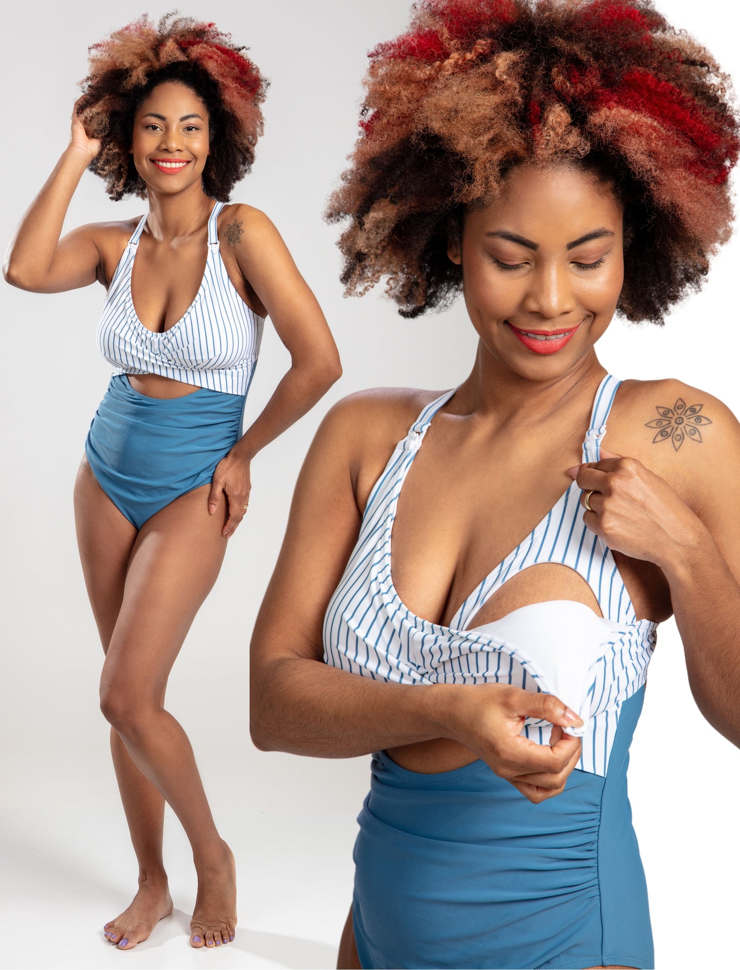 🌊 Evamom - Breastfeeding Swimsuit – Striped Blue Confidence