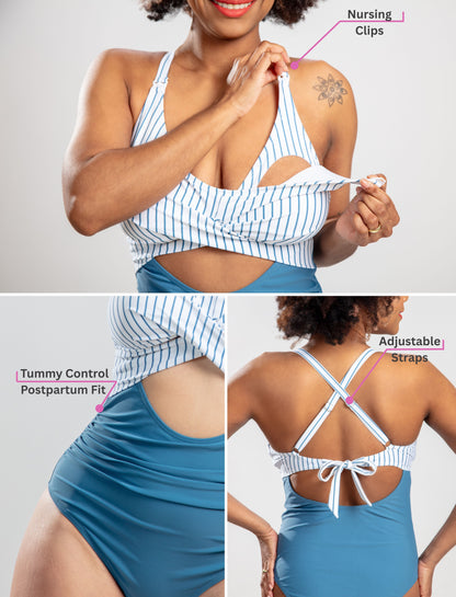 🌊 Evamom - Breastfeeding Swimsuit – Striped Blue Confidence