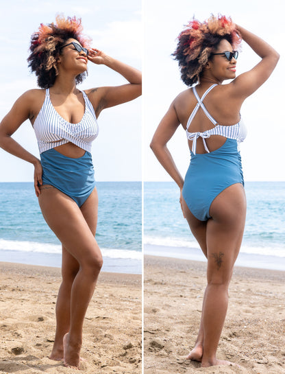 🌊 Evamom - Breastfeeding Swimsuit – Striped Blue Confidence