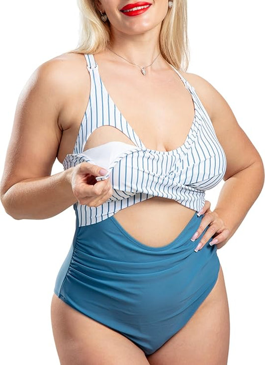 🌊 Evamom - Breastfeeding Swimsuit – Striped Blue Confidence