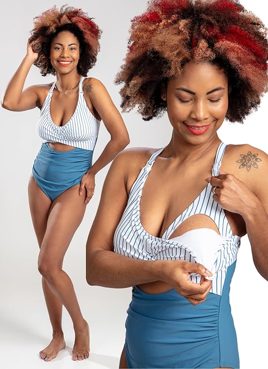 🌊 Evamom - Breastfeeding Swimsuit – Striped Blue Confidence